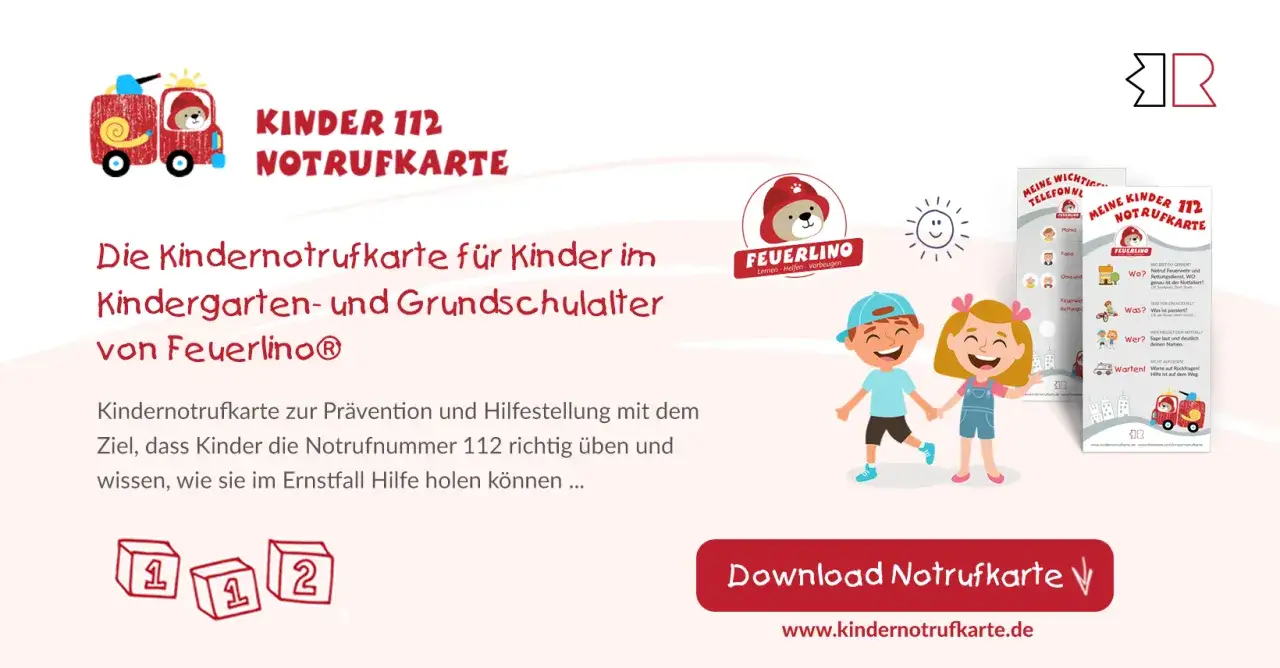 Kinder lernen mit dem w-fragen Notruf Arbeitsblatt, wie sie die 112 richtig w&auml;hlen. Feuerwehrauto und fr&ouml;hliche Kinder.