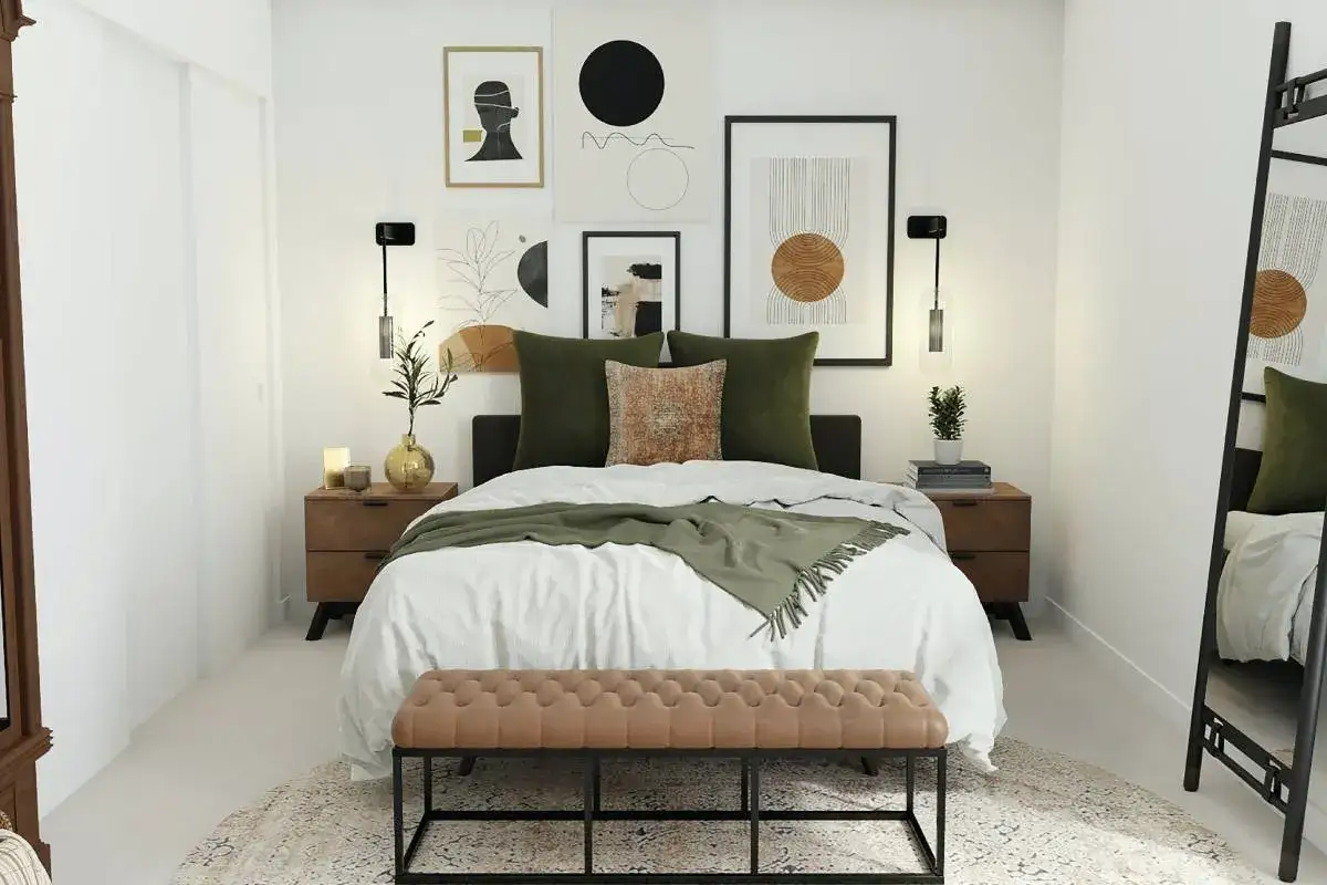 Dormitorio moderno con arte abstracto y **feng shui espejos encima del cabecero de la cama**. Cama blanca, cojines verdes y banco de cuero.