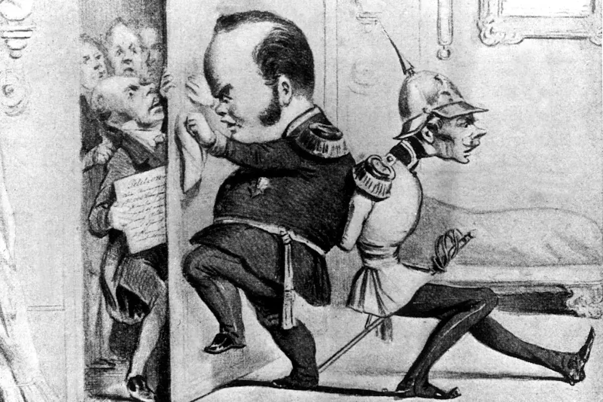 Karikatur zur Revolution 1848: Ein dicker Mann mit gro&szlig;em Kopf schiebt einen d&uuml;nnen Soldaten weg, w&auml;hrend im Hintergrund M&auml;nner mit Petitionen hervorlugen.