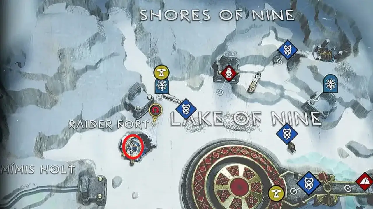 Mapa z gry God of War Ragnarök, ukazująca Jezioro Dziewięciu. Czerwone kółko zaznacza cel misji.