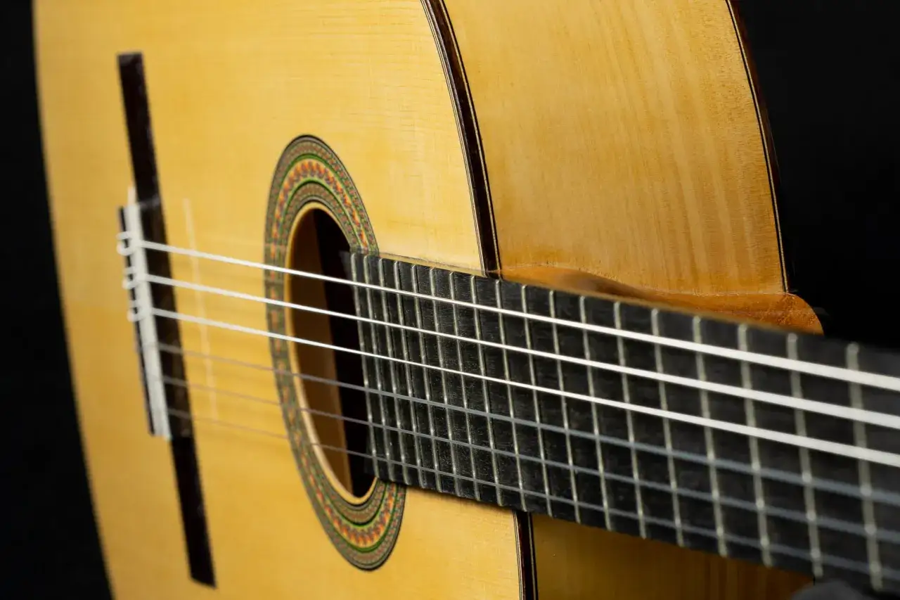 Detalle de guitarra flamenca, mostrando la altura de las cuerdas sobre el diapasón y la roseta.