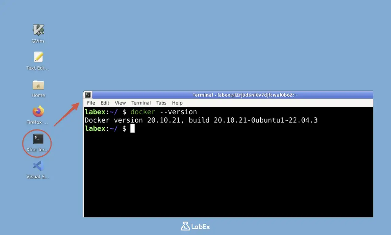 V&eacute;rification de l'installation de Docker sur Linux via le terminal Xfce. La commande 