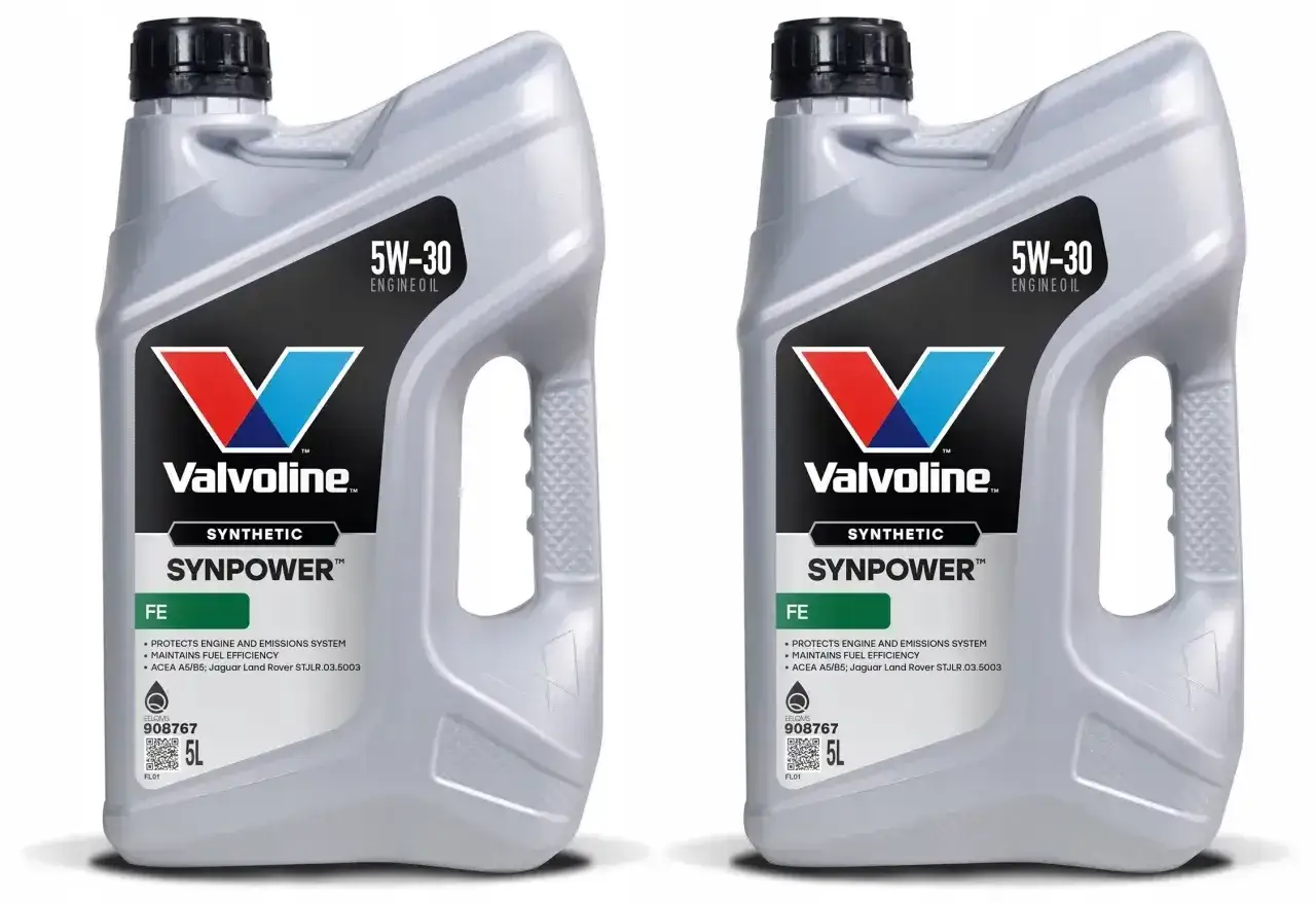 Dwa kanistry oleju Valvoline Synpower 5W-30 FE, idealne dla silnika kia venga 1.4 benzyna. Zapewniają ochronę i wydajność.