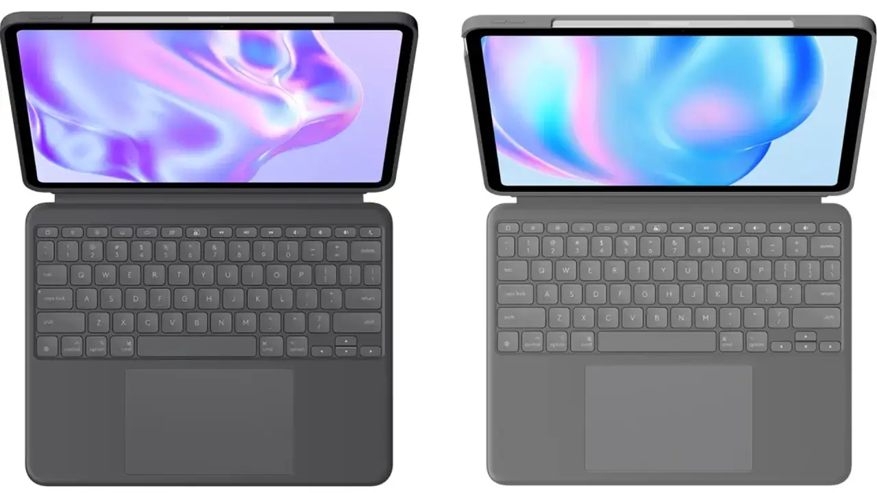 Två iPad-tangentbord med skärmar som visar abstrakta mönster. Ett perfekt ipad tangentbord test för att jämföra.