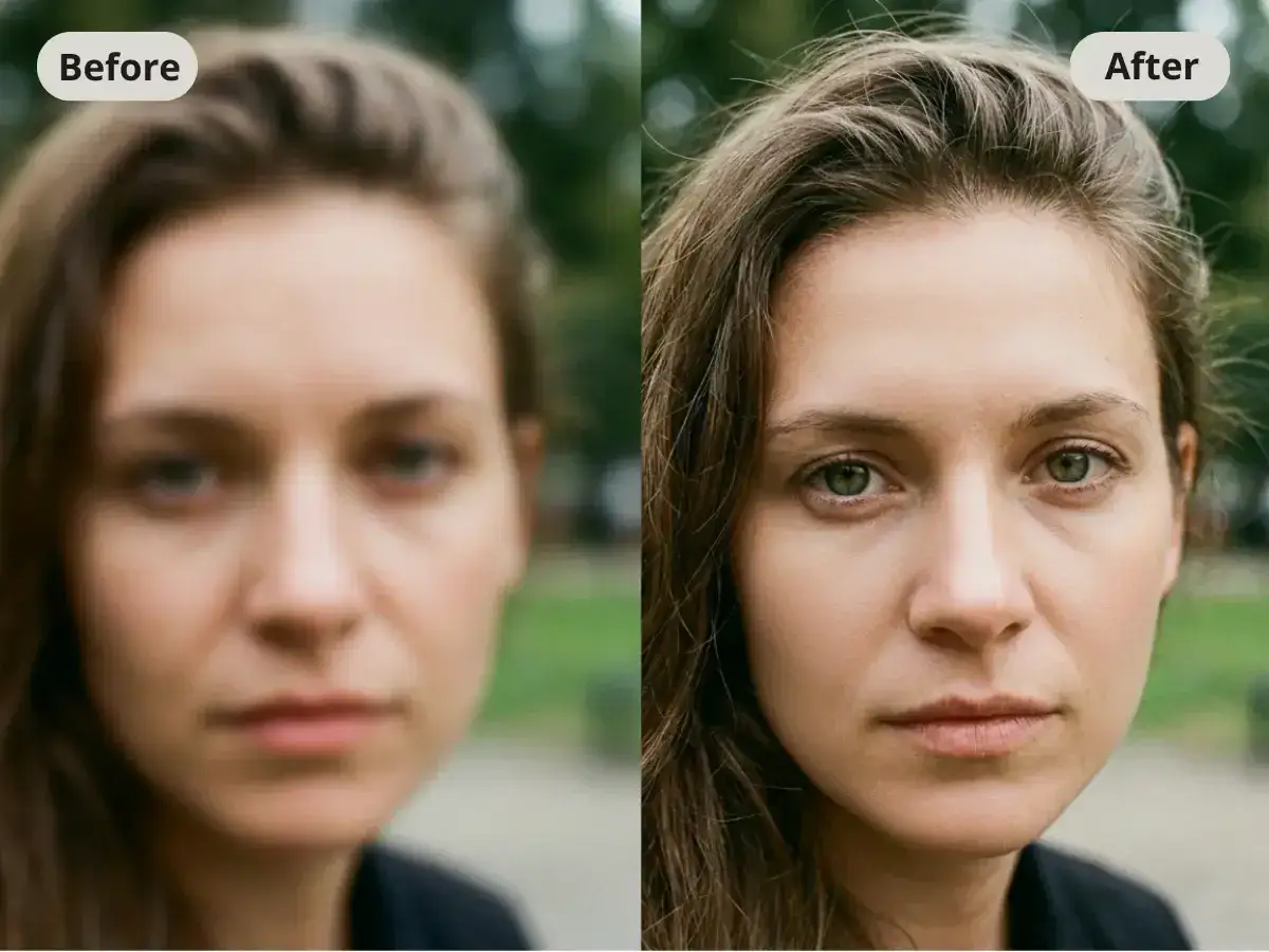 Comparaison avant/apr&egrave;s : une photo floue d'une femme devient nette, r&eacute;v&eacute;lant ses yeux verts et la texture de sa peau. La nettet&eacute; photo est impressionnante.