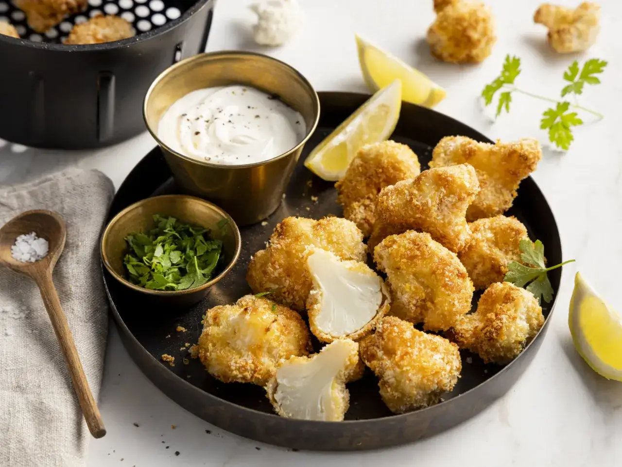 Knuspriger Blumenkohl aus dem Airfryer, serviert mit Dip und Zitrone.