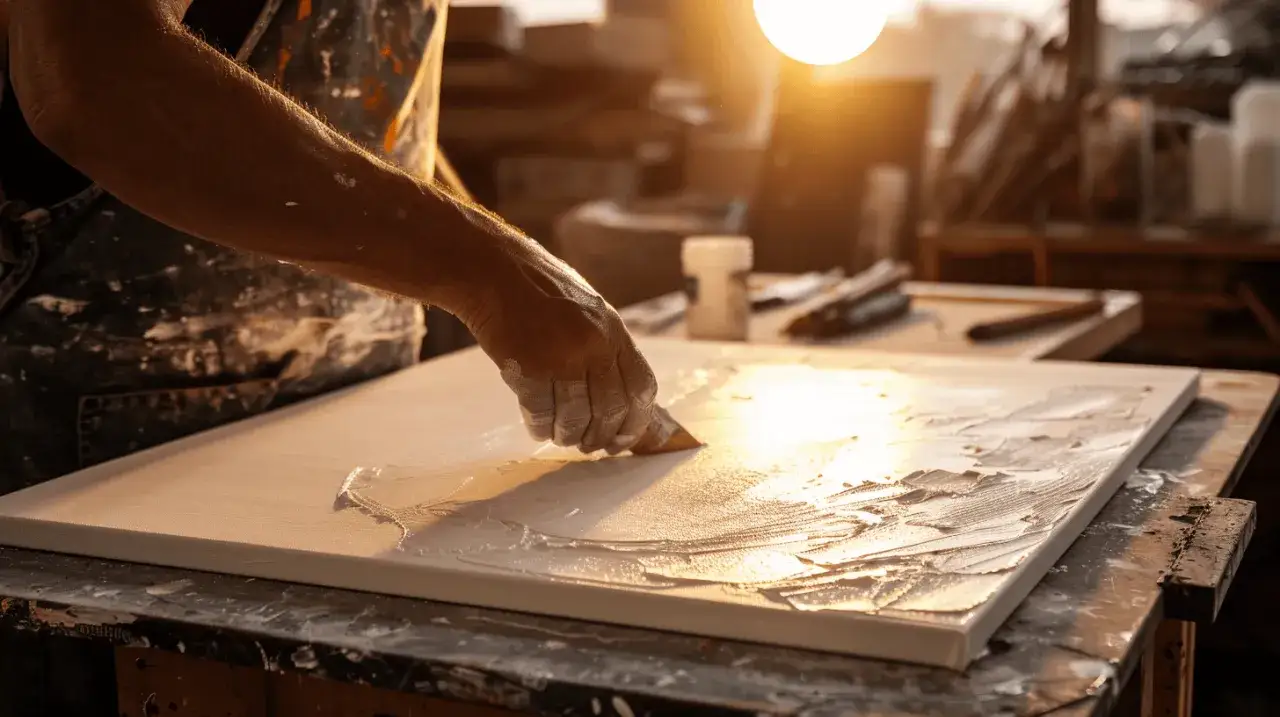Un artiste applique du gesso sur une toile, préparant ainsi la surface pour une peinture à l'huile.