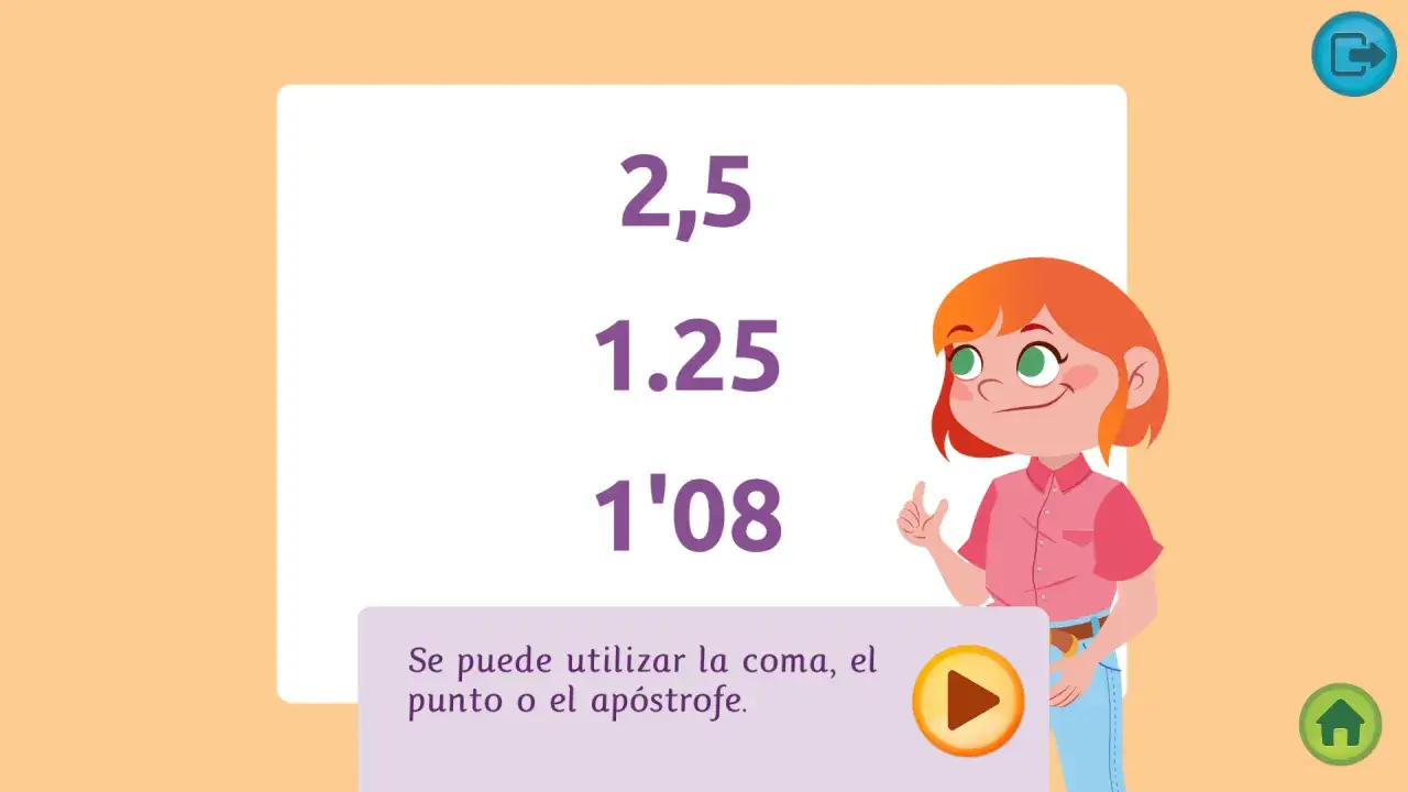 Niña explica operaciones con decimales 5 primaria. Muestra números como 2,5 y 1.25.