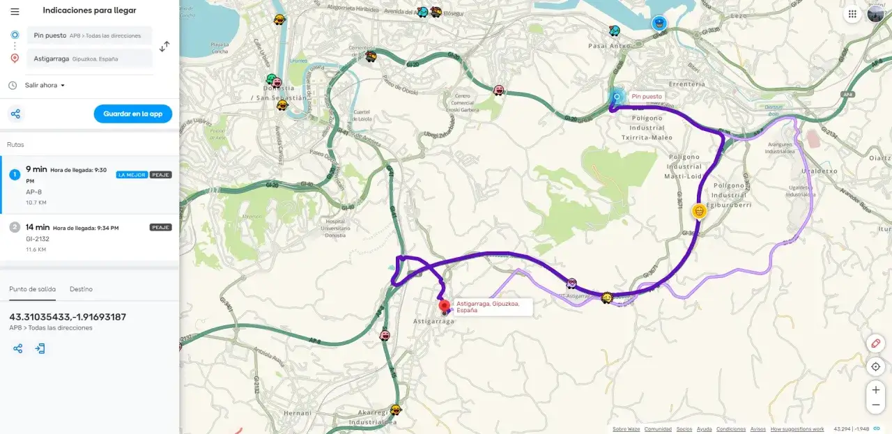Ruta en mapa de Irun a Astigarraga, con indicación de peaje y tiempo estimado. El peaje de la AP-8 es la opción más rápida.