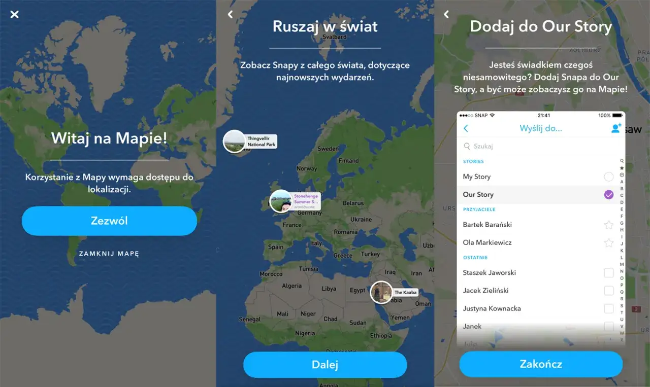 Aplikacja zenly pokazuje mapę świata z zaznaczonymi miejscami i wydarzeniami. Możesz dodać własne snapy do 