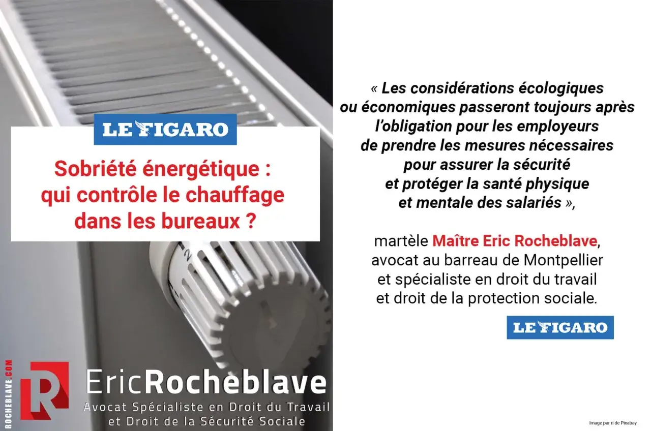 Radiateur et thermostat dans un bureau. Article du Figaro sur la sobriété énergétique et le contrôle du chauffage, évoquant la loi et la sécurité des salariés.