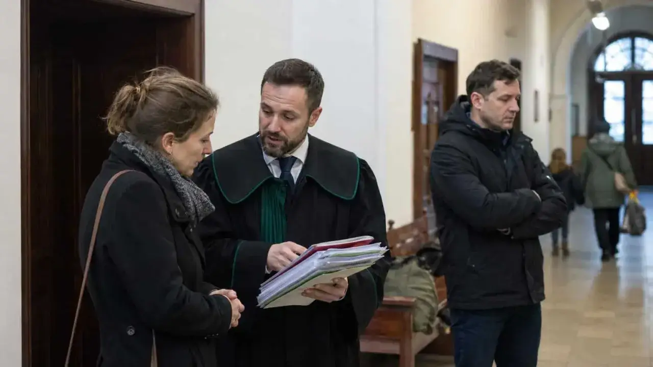 Prawnik w todze omawia dokumenty z kobietą, podczas gdy mężczyzna w kurtce czeka. Sytuacja sugeruje ograniczenie władzy rodzicielskiej poprzez nadzór kuratora.
