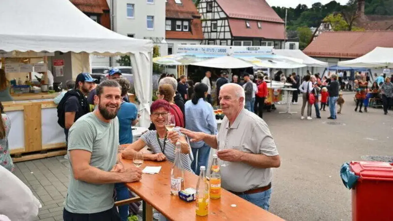 Menschen genie&szlig;en bei einer Veranstaltung in Heubach heute das Leben. Ein Mann mit Bart und eine Frau mit Brille sto&szlig;en mit Wein an.
