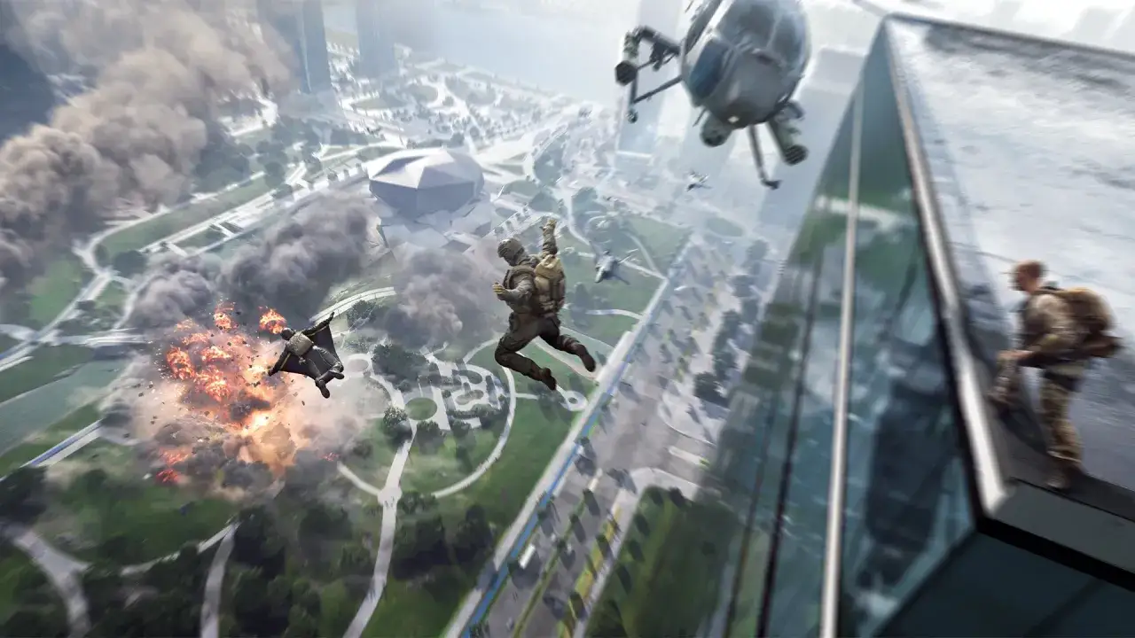 Soldaten springen aus einem Helikopter, während eine Explosion die Stadt im Hintergrund erschüttert. BF6 Season 2 bringt actiongeladene Momente.