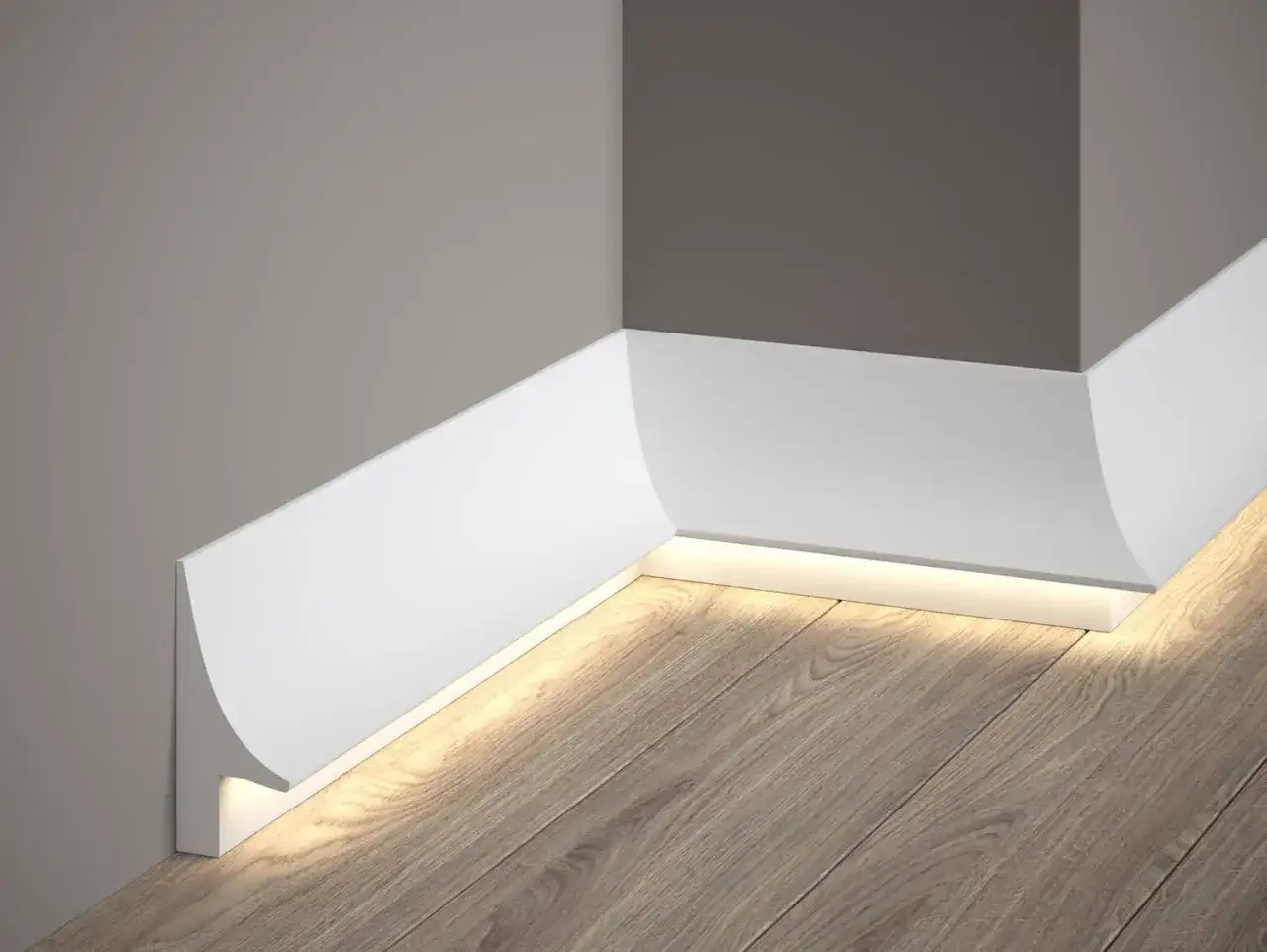Nowoczesna listwa przypodłogowa z led, subtelnie oświetlająca drewnianą podłogę.