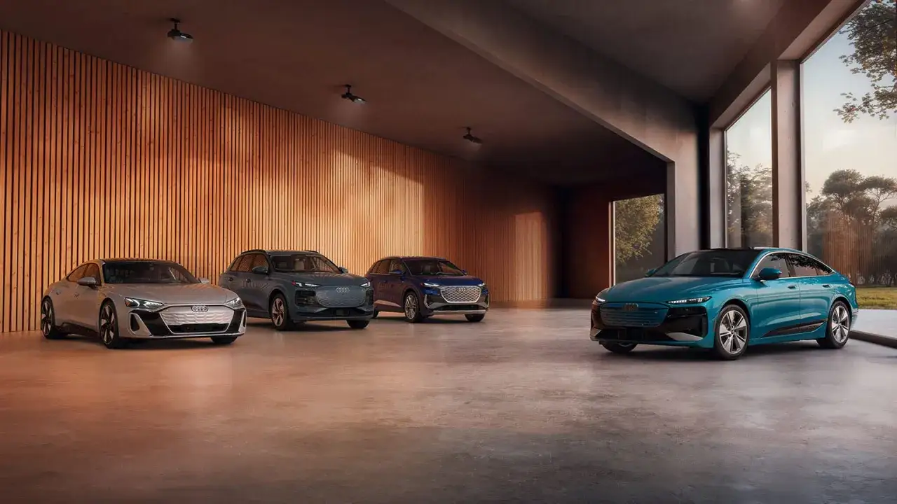 Cztery elektryczne Audi e-tron w różnych kolorach stoją w nowoczesnym garażu z drewnianą ścianą i dużymi oknami.