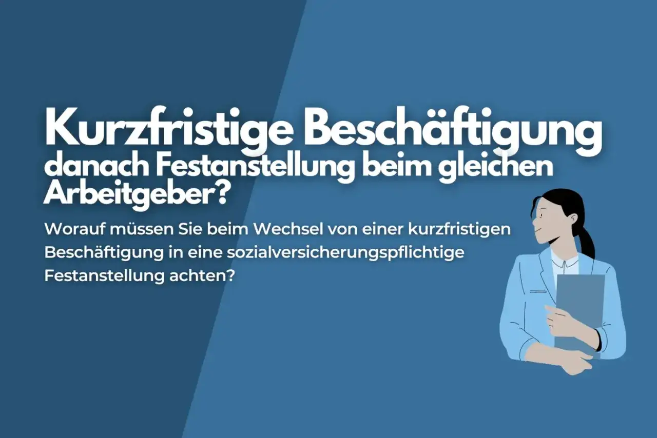 Frau mit Aktenordner blickt nachdenklich. Text fragt nach Wechsel von kurzfristiger Besch&auml;ftigung zu Festanstellung beim selben Arbeitgeber, was eine 