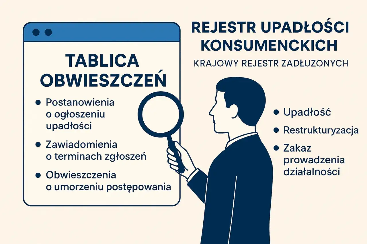 Rejestr upadłości konsumenckich. Tablica obwieszczeń zawiera informacje o postanowieniach, zawiadomieniach i obwieszczeniach dotyczących postępowania upadłościowego.