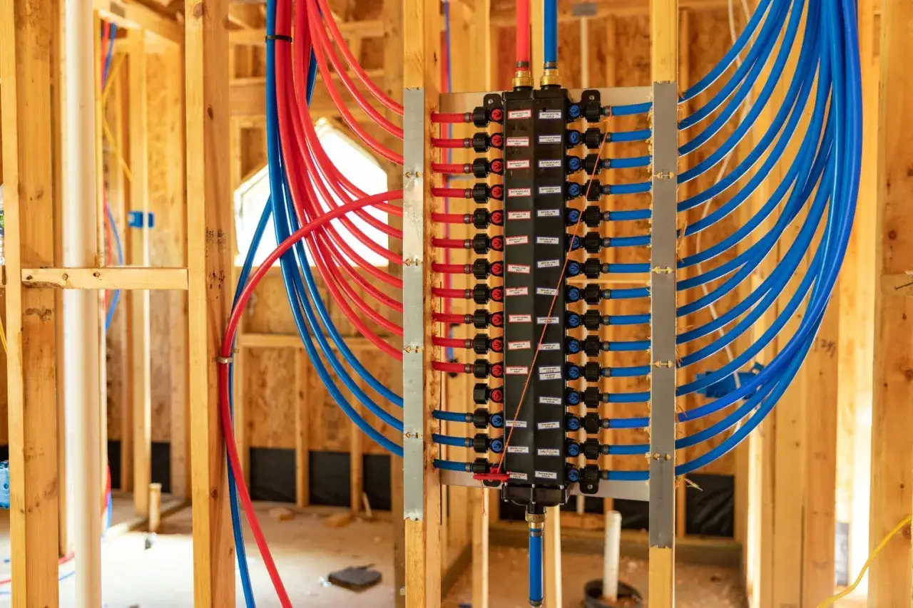 Système de nourrice plomberie dans une maison en construction. Tuyaux rouges et bleus connectés à un distributeur central.