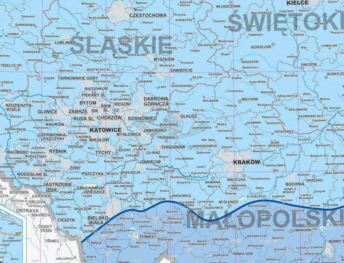 Mapa Polski z zaznaczonymi miastami i regionami. Widać Katowice, Kraków i Częstochowę. Obszar ten to strefa przemarzania, ważna dla rolnictwa.