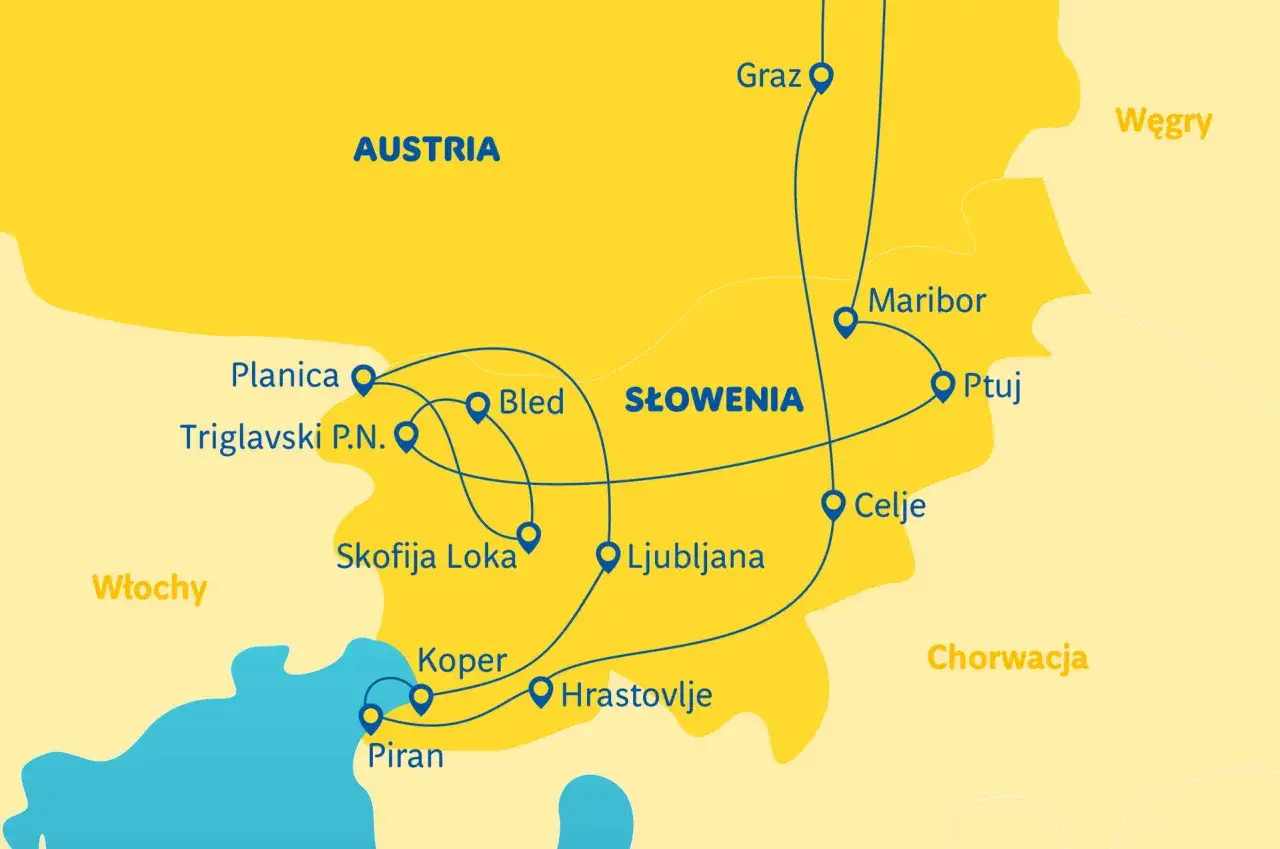 Mapa Słowenii z trasami wycieczek objazdowych: Bled, Ljubljana, Piran, Graz. Idealne na tanie wycieczki objazdowe!
