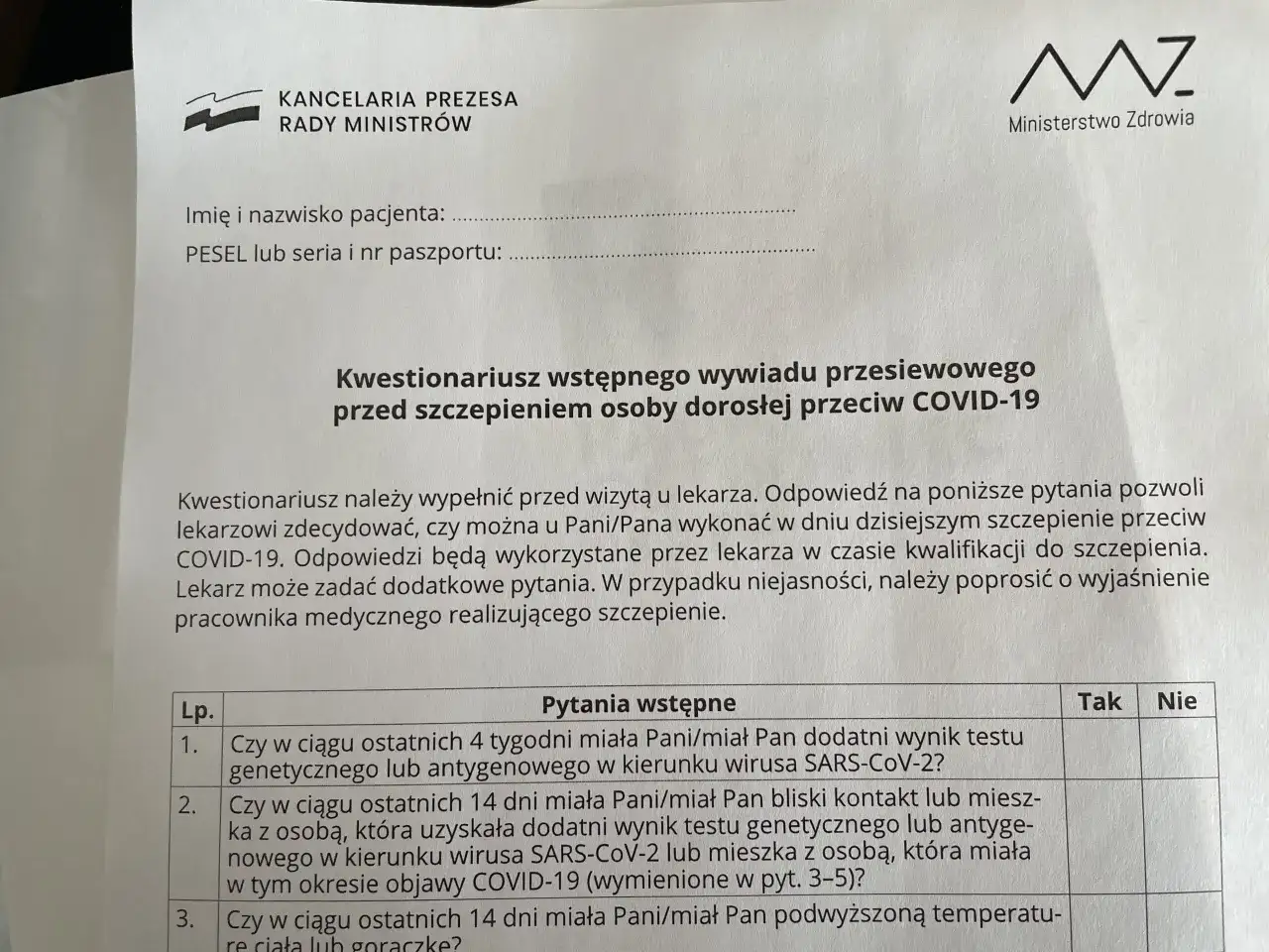 Kwestionariusz wstępnego wywiadu przesiewowego przed szczepieniem