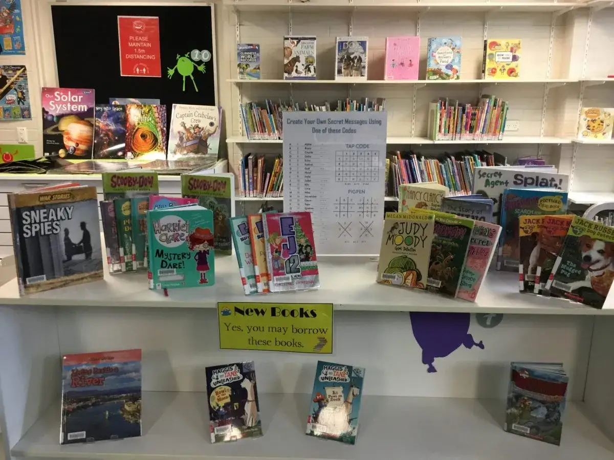 Une étagère remplie de livres pour enfants, dont plusieurs livres d'enquête comme 