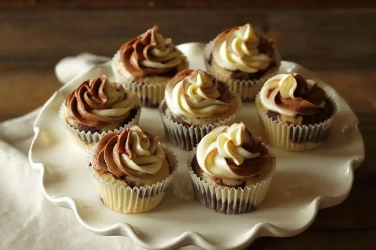 Sju muffins med virvlad choklad- och vaniljkr&auml;m, en h&auml;rlig cream cheese frosting som lockar.
