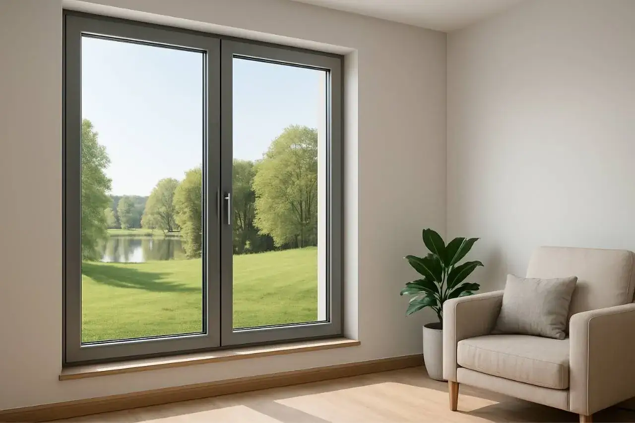 Amplio ventanal de cristal con cámara de aire, que ofrece vistas a un paisaje verde con lago. Un sillón y una planta decoran el interior.