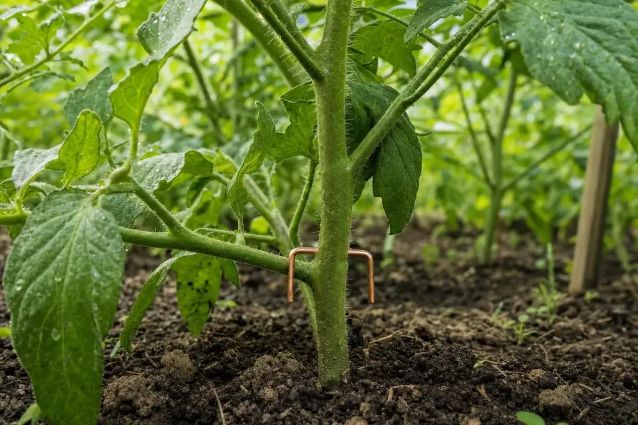 Un pied de tomate sain, protégé par un fil de cuivre pour éloigner les nuisibles, prêt à recevoir un traitement à la bouillie bordelaise si besoin.
