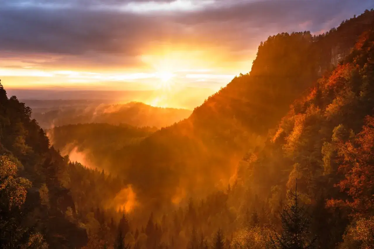 A breathtaking photography golden hour scene with sunbeams piercing through misty valleys and illuminating a forest-covered mountainside in warm, autumnal hues.