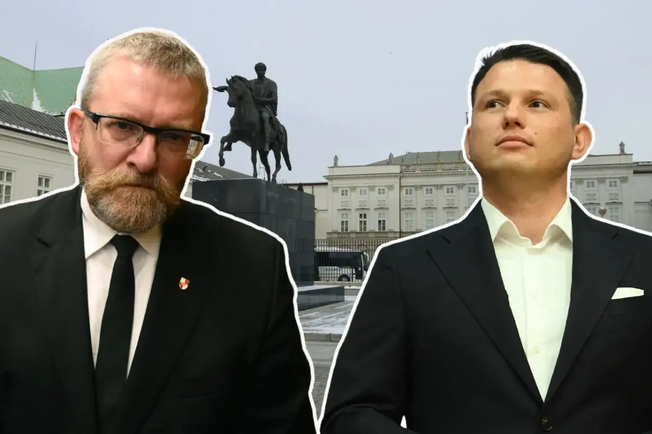Czy Grzegorz Braun zostanie wykluczony z klubu za kontrowersyjne wypowiedzi o Izraelu? Dwóch polityków na tle Pałacu Prezydenckiego.