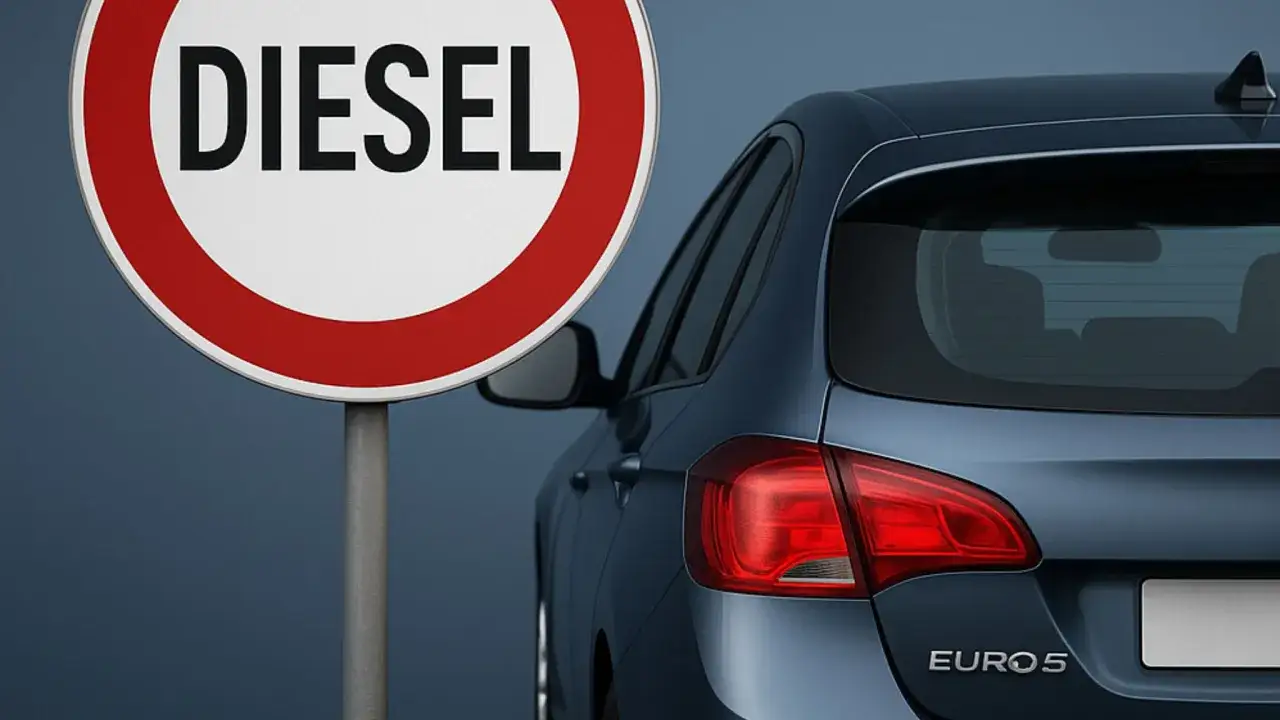 Segnale di divieto per diesel accanto a un'auto con scritta