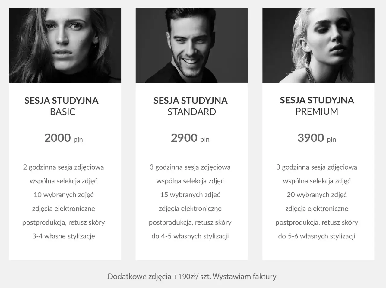 Profesjonalny fotografik oferuje sesje studyjne Basic, Standard i Premium. Wybierz pakiet dla siebie!