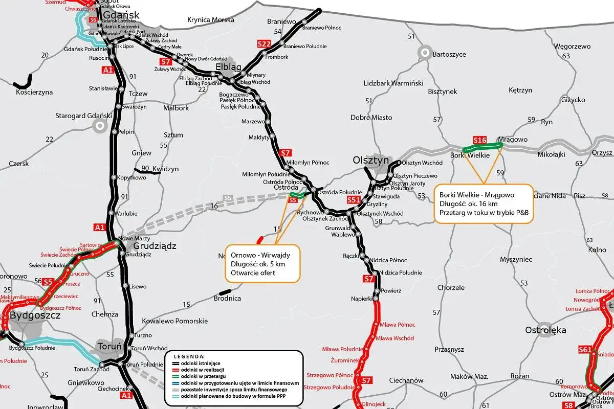 Mapa Polski z zaznaczoną **autostradą bursztynową** i innymi drogami. Widoczne miasta: Gdańsk, Elbląg, Olsztyn, Bydgoszcz, Toruń, Ostrołęka.