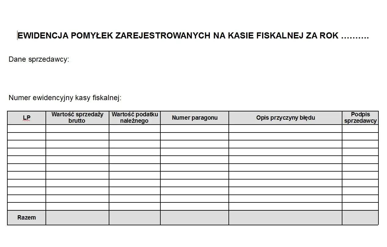 Formularz do ewidencji pomyłek na kasie fiskalnej, zawiera kolumny: LP, wartość sprzedaży brutto, wartość podatku należnego, numer paragonu, opis przyczyny błędu, podpis sprzedawcy.