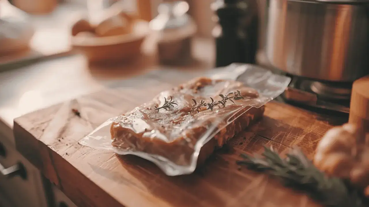 Mięso hermetycznie pakowane po terminie, z gałązką rozmarynu, leży na drewnianej desce.