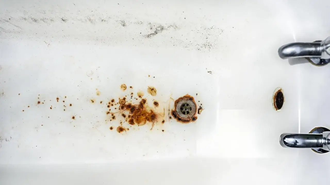 Manchas de &oacute;xido y suciedad en una ba&ntilde;era blanca, cerca del desag&uuml;e y grifos. Gu&iacute;a para como quitar el oxido de la ba&ntilde;era.