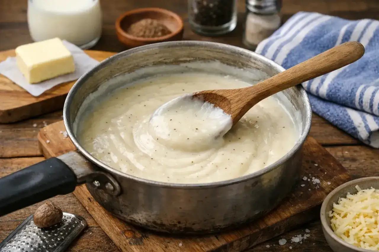 Une cuill&egrave;re en bois remue une b&eacute;chamel onctueuse dans une casserole. Autour, du beurre, du lait, de la noix de muscade et du fromage r&acirc;p&eacute; pour une recette parfaite.