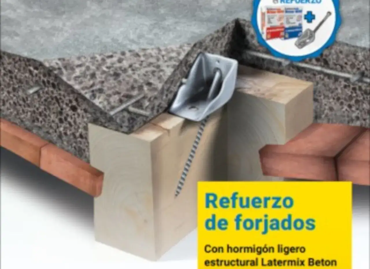 Detalle de construcción que muestra un refuerzo metálico anclado a una viga de madera, sobre el cual se asienta una capa de compresion de hormigón ligero.
