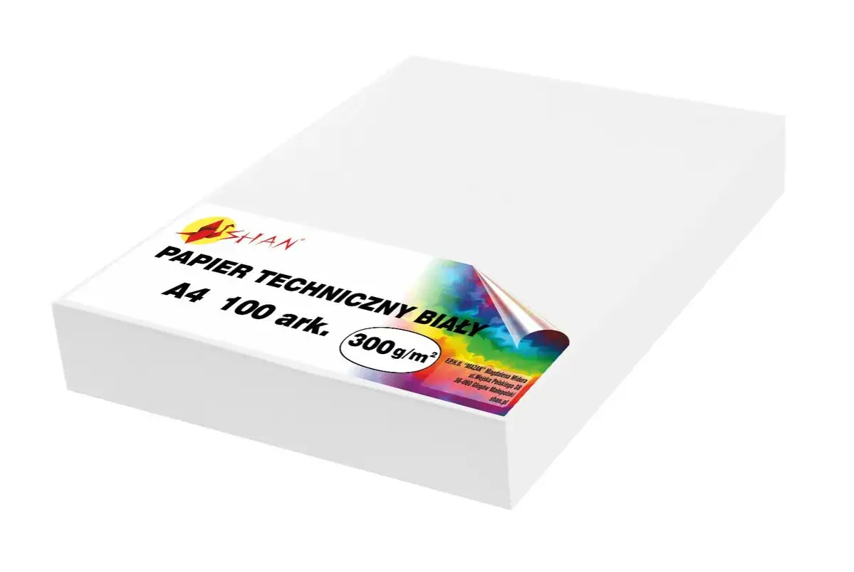 Biały papier techniczny A4, 100 arkuszy, o gramaturze papieru 300g/m2. Idealny do druku i projekt&oacute;w wymagających solidności.