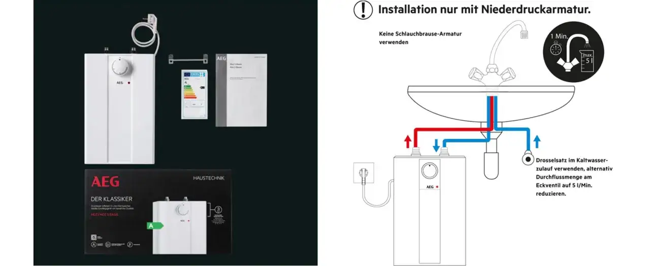 AEG Kleinspeicher 5L: weißer Untertischspeicher mit Drehregler, Energieetikett und Montageanleitung. Schema zeigt Installation an einem Waschbecken.