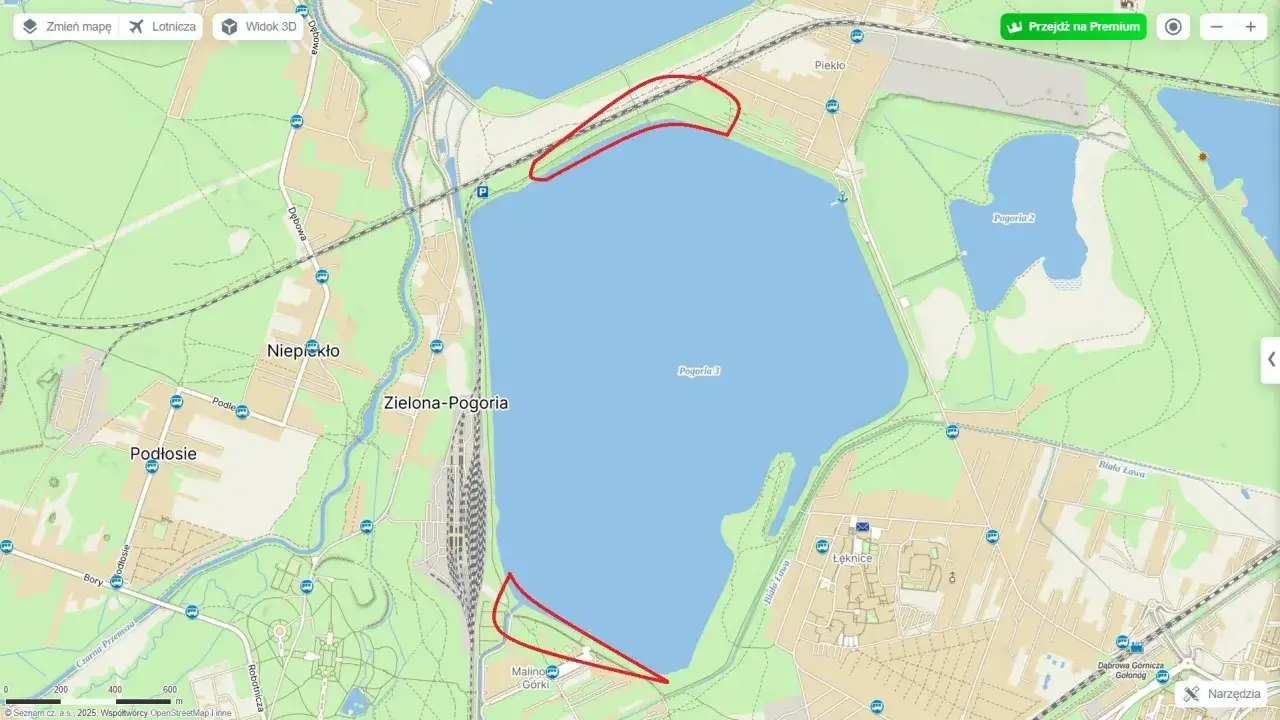 Mapa rekreacyjna z zaznaczonymi terenami wokół Pogorii i Dąbrowy Górniczej.