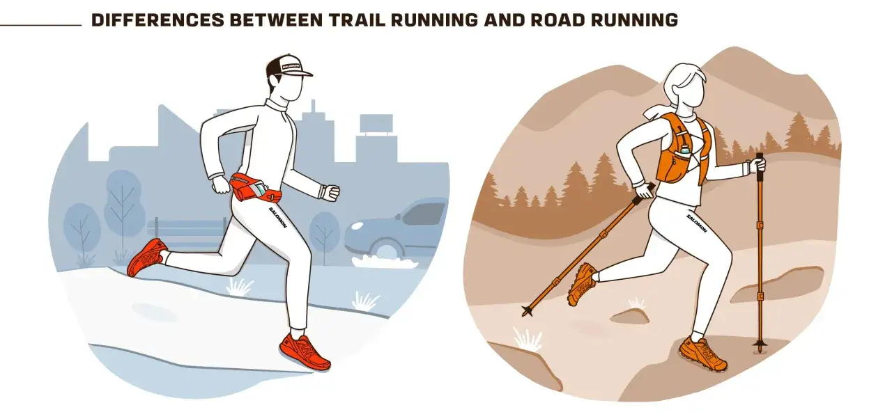 Illustration comparant la course sur route (homme en ville, ceinture d'hydratation) et le trail running (femme en montagne, bâtons). La différence trail et course est claire.