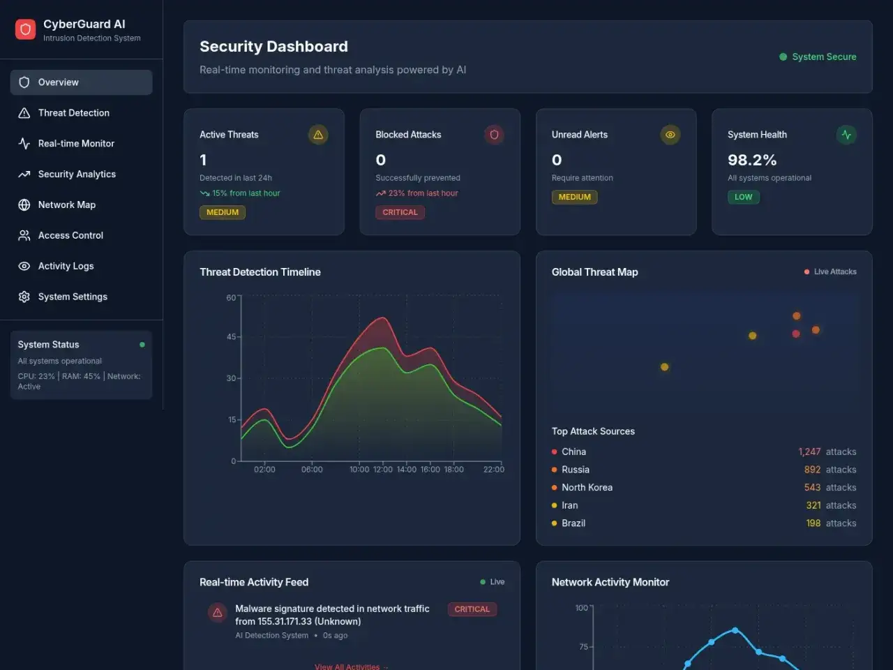 CyberGuard AI security dashboard, showcasing real-time threat analysis and system health, powered by observability AI.
