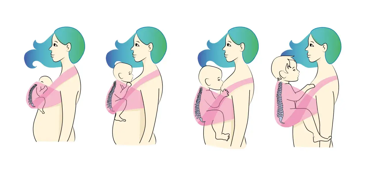 Ilustracja pokazuje, jak prawidłowo nosić dziecko w chuście lub nosidle, dbając o jego kręgosłup.