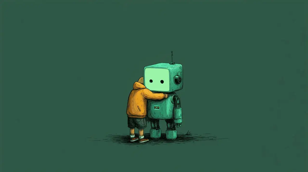 Dziecko przytula robota. Ilustracja pokazuje, jak zacząć z AI nie mając wiedzy technicznej – od prostego kontaktu i ciekawości.