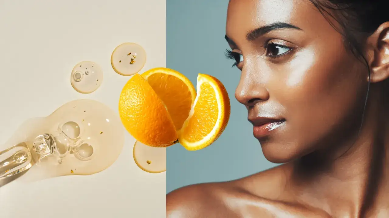 Siero alla vitamina C: scopri a cosa serve per una pelle luminosa e radiosa, con gocce di siero e arancia fresca.