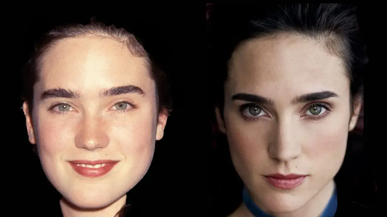 Comparaison de deux portraits de Jennifer Connelly. Le front de la jeune femme semble plus lisse, peut-être grâce à l'acide hyaluronique.