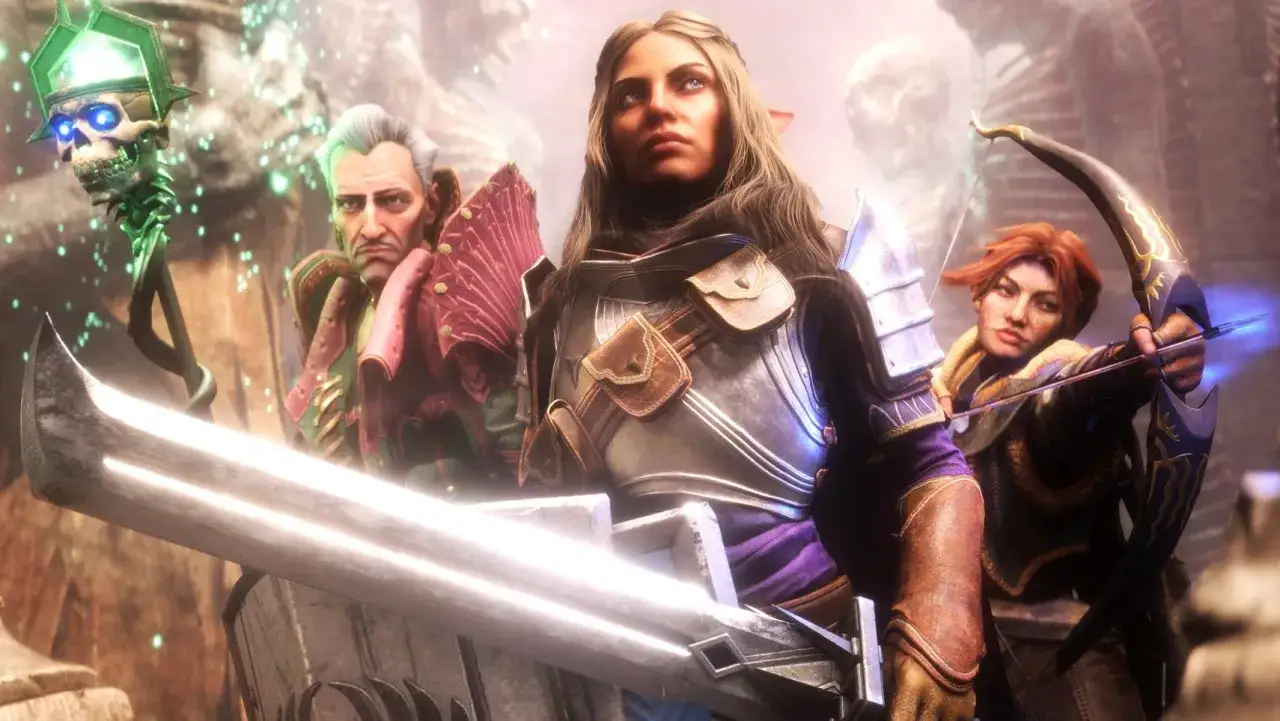 Tr&oacute;jka bohater&oacute;w z gry Dragon Age 4: wojowniczka z mieczem, łuczniczka i mag z kosturem w kształcie czaszki.